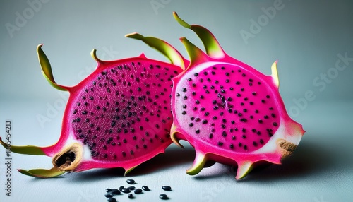 halved dragon fruit showing vibrant pink flesh and black seeds against a neutral background