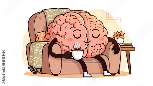 Brain Relaxation: An illustrated brain, comfortably lounging in an armchair, sips from a warm mug, portraying a scene of tranquil rest and mental well-being.