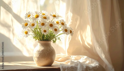 창가에 놓인 도자기 화병의 흰 데이지 White Daisies in Ceramic Vase by Window