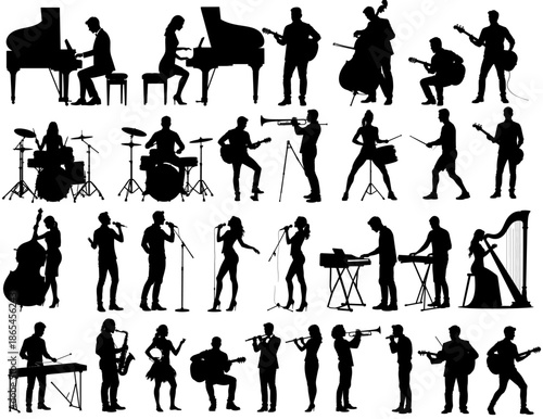 Set of silhouettes of people playing musical instruments