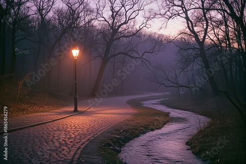 Glowing lamppost illuminates a winding cobblestone path through a misty, bare forest at twilight, with a gentle stream flowing alongside.