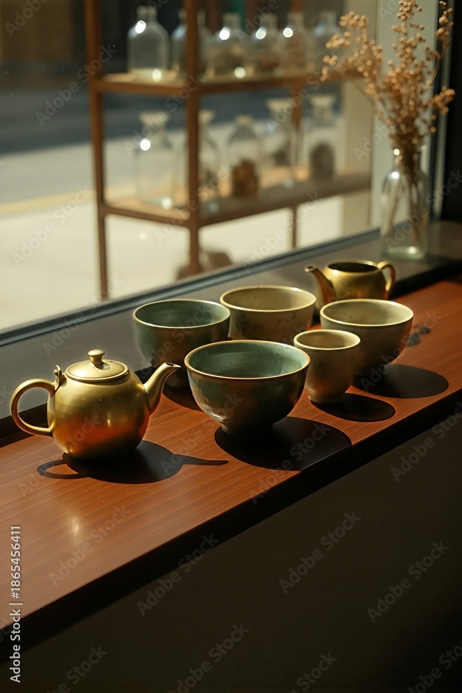 Fototapeta premium Golden teapots and ceramic tea bowls are elegantly arranged on a sunlit wooden surface, casting long shadows and creating a serene atmosphere for a traditional tea ceremony.