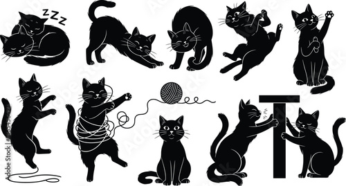 Black cat silhouettes showing playful sleeping stretching jumping scratching poses cute pet animal collection vector illustration set design stock content