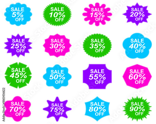 10, 20, 30, 40, 50, 60, 70, 80, 90 Percent Discount Sale Tags Set Stock Vector