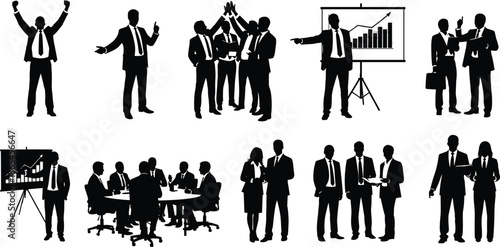 Business teamwork silhouettes showing corporate professionals meeting presenting data celebrating success collaboration leadership strategy growth analysis conference office management vector