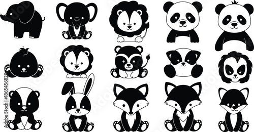 Cute animal baby icons collection featuring panda lion fox rabbit elephant cartoon mascot vector 