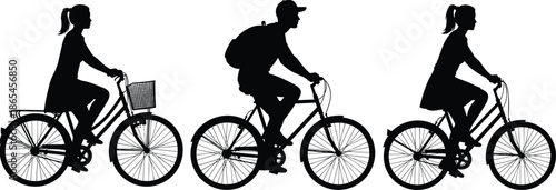 Cycling people silhouettes illustrating urban commuting lifestyle eco friendly transportation outdoor activity daily travel leisure vector illustration set design collection