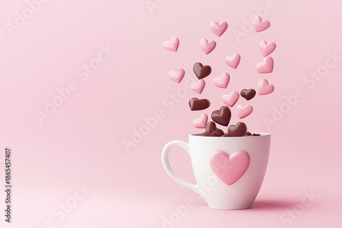 Pink chocolate hearts falling into porcelain mug on pink background.Valentine’s Day.Holiday concept.