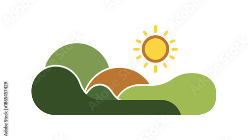 Minimalist illustration of rolling green hills under a bright sun, symbolizing a peaceful natural landscape
