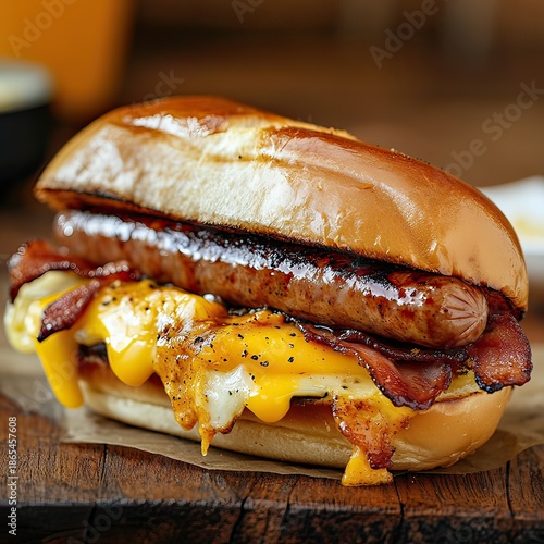Hot dogs with sausage, cheese and bacon on wooden surface. Filling breakfast.