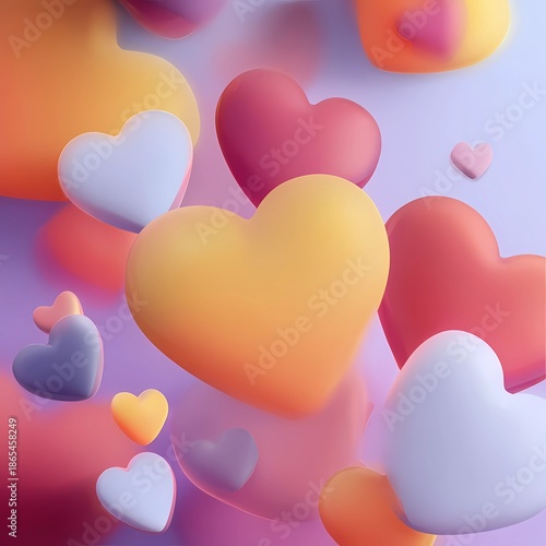 floating hearts soft glossy shapes, modern gradient style, minimalistic romantic designe