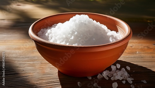 a terracotta bowl overflowing with coarse white salt crystals rests on a wooden surface in bright natural light