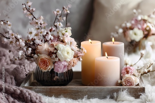 modern Valentine's aesthetic with flowers and candles, calm cozy atmosphere