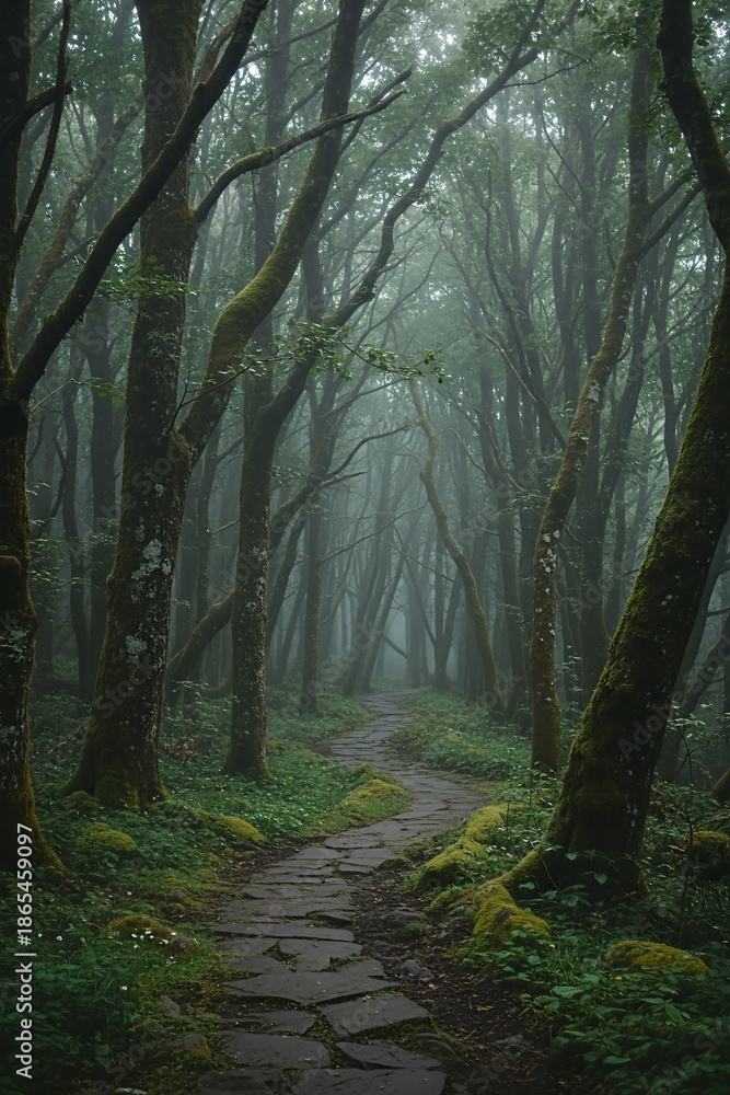 Obraz premium Winding stone path through misty green forest creating an atmospheric and serene natural landscape with ancient moss-covered trees.