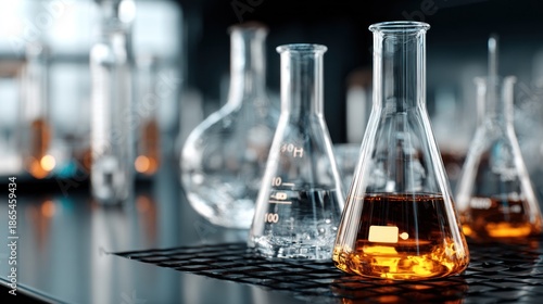 Scientific laboratory scene featuring various glass beakers and flasks filled with liquids on a