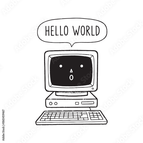 Cute retro computer saying Hello World vector illustration. Hand drawn vintage PC doodle with speech bubble for programming concept.
