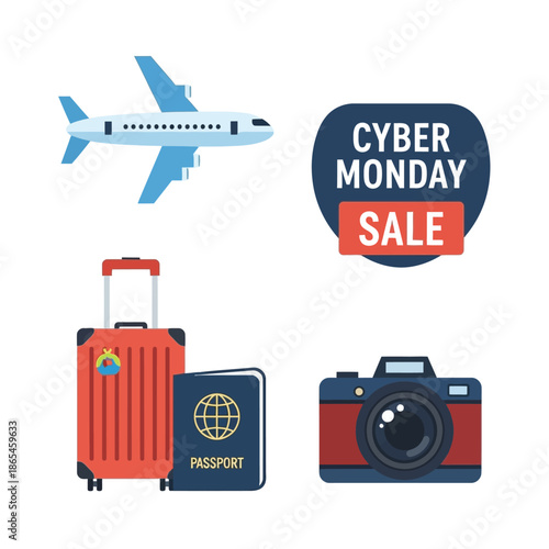 Cyber Monday travel sale illustration Page with airplane, luggage, and camera