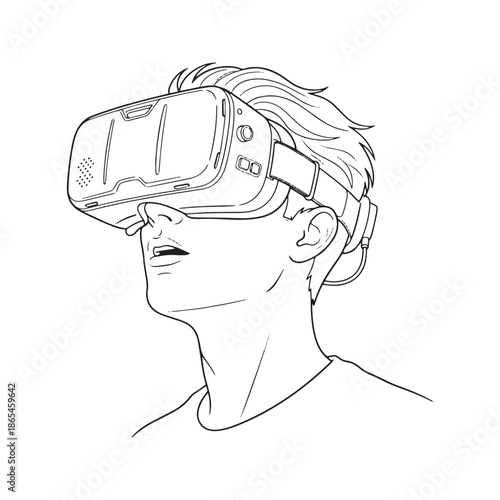Man wearing virtual reality headset vector illustration. Simple line art drawing of male user experiencing VR technology in goggles.
