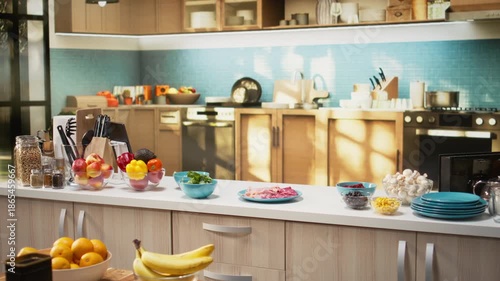 Wallpaper Mural Empty cozy kitchen with a pizza prep area ready for cooking on the isle. Fresh ingredients like mozzarella and tomato sauce rest on the counter beside containers and utensils for homemade meal. Torontodigital.ca