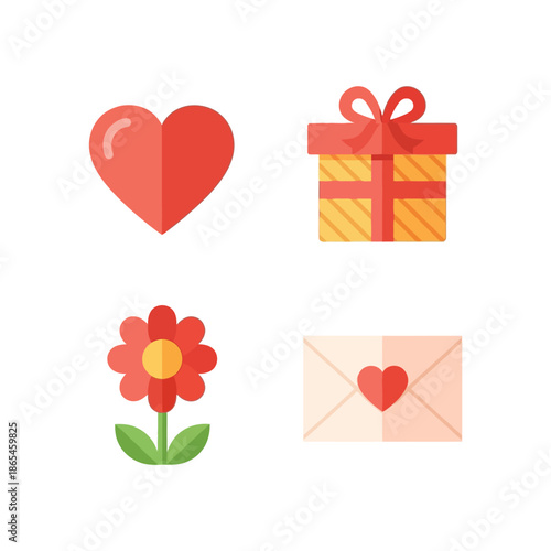 Illustration of heart gift flower and envelope on white background for Valentine's Day
