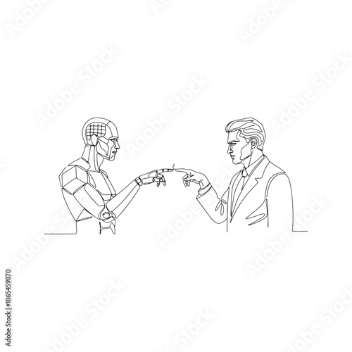 Continuous line drawing of robot and human touching fingers. Vector illustration of artificial intelligence connection with businessman in Creation of Adam style.
