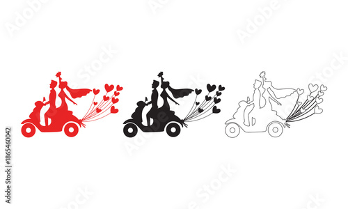 "Newlywed Couple Riding a Scooter with Heart Balloons"
