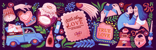 Happy Valentine's Day. Vector cute illustration of a loving couple, hearts, gift, letter, car, candle, lock with key, jam, engagement ring, and romantic details for greeting cards, icons, and banners.