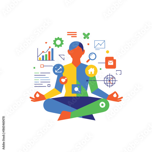 A person sits in meditation surrounded by business and technology icons and graphs.