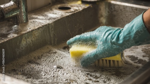 Cleaning a kitchen sink with soap and sponge during daylight hours in a home kitchen setting