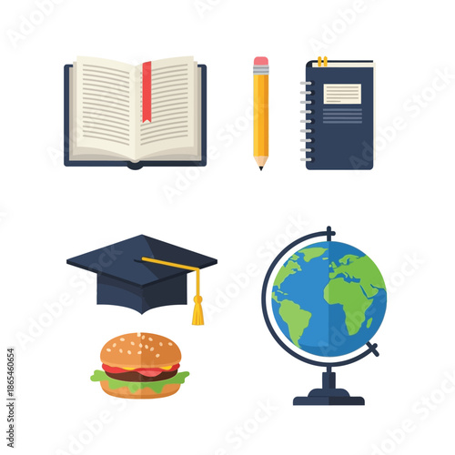 Illustration of education and food symbols on global backdrop