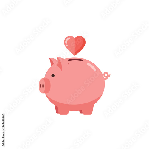 An illustration of a pink piggy bank with a heart above it on a white background.
