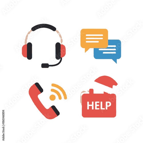 Customer support illustration showcasing communication tools and assistance icons