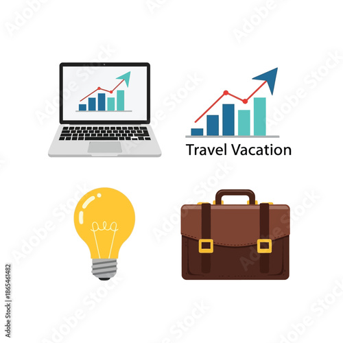 Business travel vacation planning on laptop with briefcase and lightbulb ideas.