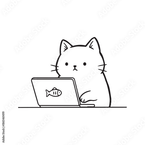 Cute cat working on laptop vector illustration. Minimalist hand drawn funny kitten typing at desk. Simple black line art of pet using computer with fish logo.
