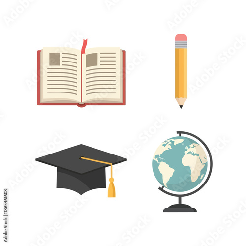 Education icons including book, pencil, graduation cap, and globe on desk for learning.