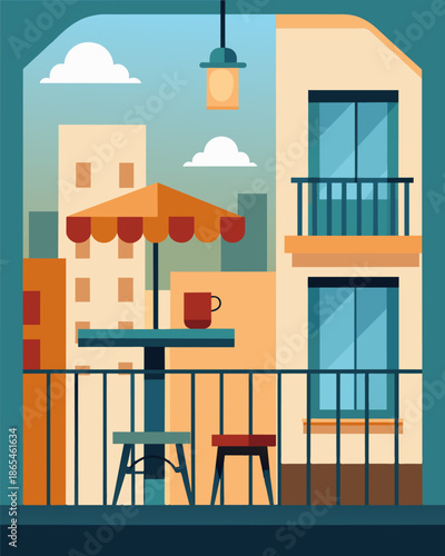 A balcony with a small bistro set the perfect place for a freelancer to take a break and enjoy the city view.. Vector illustration