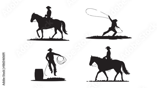 Cowboy Silhouettes Riding Horses and Roping Lasso Vector Set Isolated on White