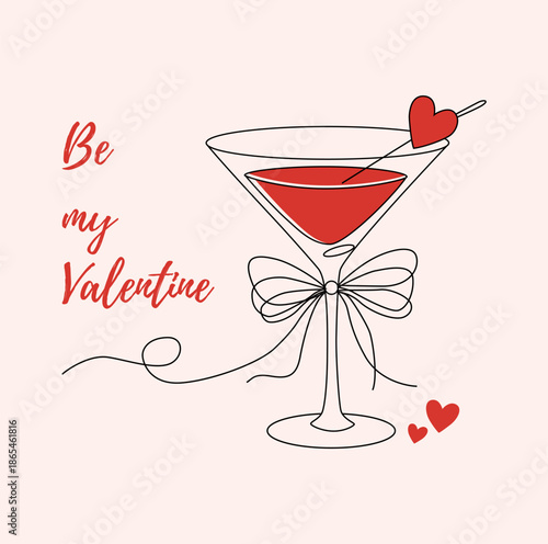 A minimalist line art illustration of a martini glass filled with red liquid, decorated with a bow and a heart-shaped garnish for Valentine's Day.