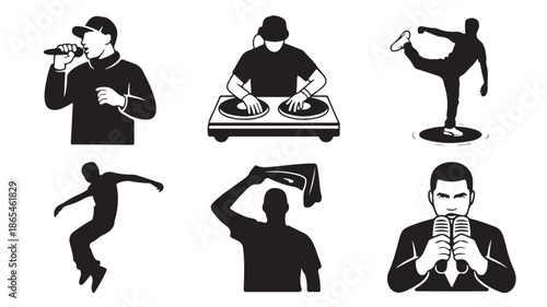 Urban music and dance performers dynamic street style monochromatic graphic silhouettes clean vector illustration for music events and cultural promotion.
