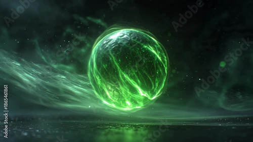Glowing Green Energy Sphere Moving Slowly in Dark Abstract Space with Particle Effects