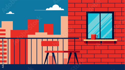 A balcony becomes the perfect spot for a virtual meeting with a bright red brick wall as the backdrop adding a touch of character to an otherwise urban setting.. Vector illustration