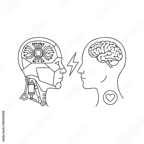 Artificial Intelligence vs Human Intelligence vector illustration. Line art comparison of robot cyborg and man profile with brains, representing technology versus biology concept.
