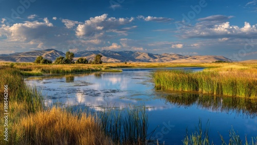 Flock of Birds Fly Over Calm Marshland
