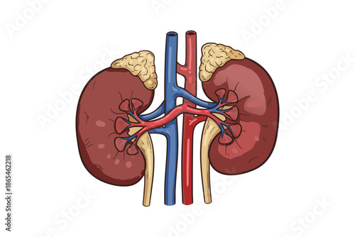 Detailed illustration of human kidney and adrenal gland anatomy