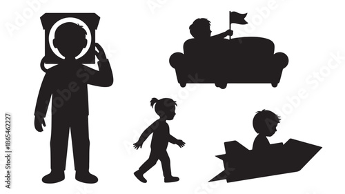 Kids playing imaginative games with joyful childhood in black silhouette vector illustration for childrens education.