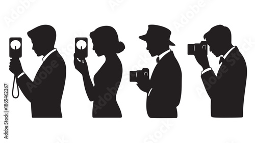 Classic photographers and light meter users in professional silhouette style with black and white vector illustration for photography history.