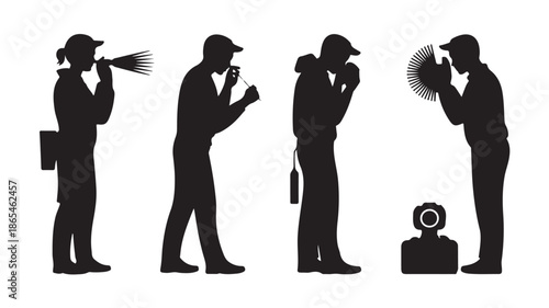 Professional Film Crew Silhouettes with Dynamic Collaborative Style in Monochromatic Vector Illustration for Media Production Services.