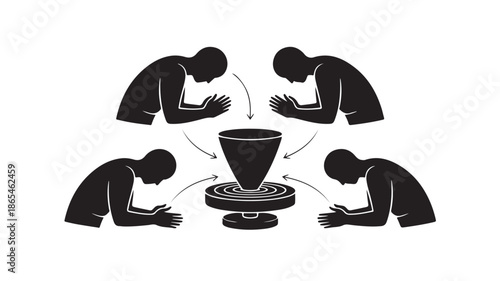 People bowing to a central vortex in symbolic minimalist stark black and white vector graphic illustration for social commentary on digital addiction.