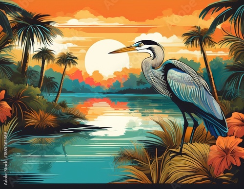 Wallpaper Mural vintage florida travel poster featuring a heron by a tropical lagoon Torontodigital.ca
