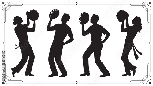 Musicians playing tambourines with an energetic and festive mood in black silhouettes on white vector illustration for music events and cultural celebrations.